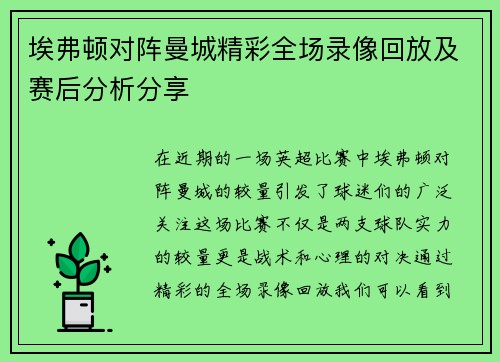 埃弗顿对阵曼城精彩全场录像回放及赛后分析分享