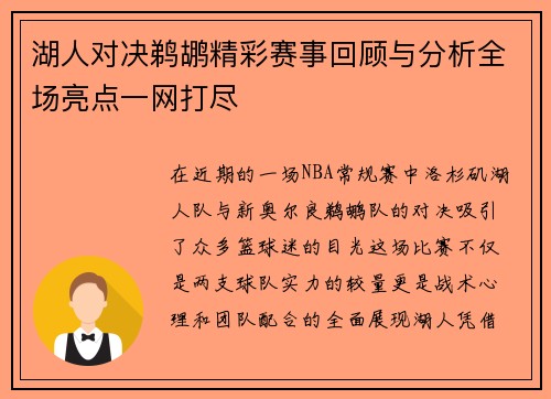 湖人对决鹈鹕精彩赛事回顾与分析全场亮点一网打尽