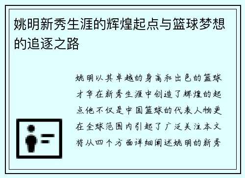 姚明新秀生涯的辉煌起点与篮球梦想的追逐之路