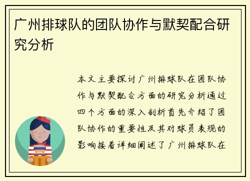 广州排球队的团队协作与默契配合研究分析