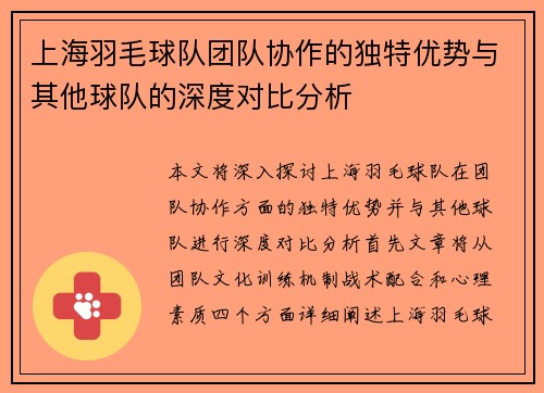 上海羽毛球队团队协作的独特优势与其他球队的深度对比分析