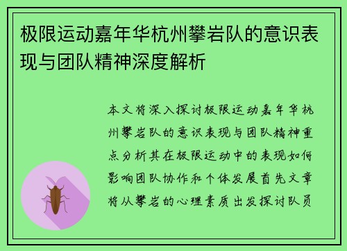 极限运动嘉年华杭州攀岩队的意识表现与团队精神深度解析